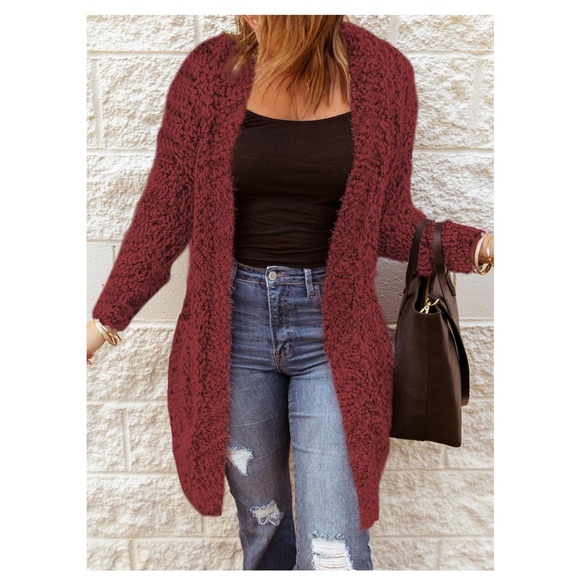 NEW•XL•SANGRIA RED FUZZY POPCORN OPEN FRONT SWEATER• - Picture 1 of 14